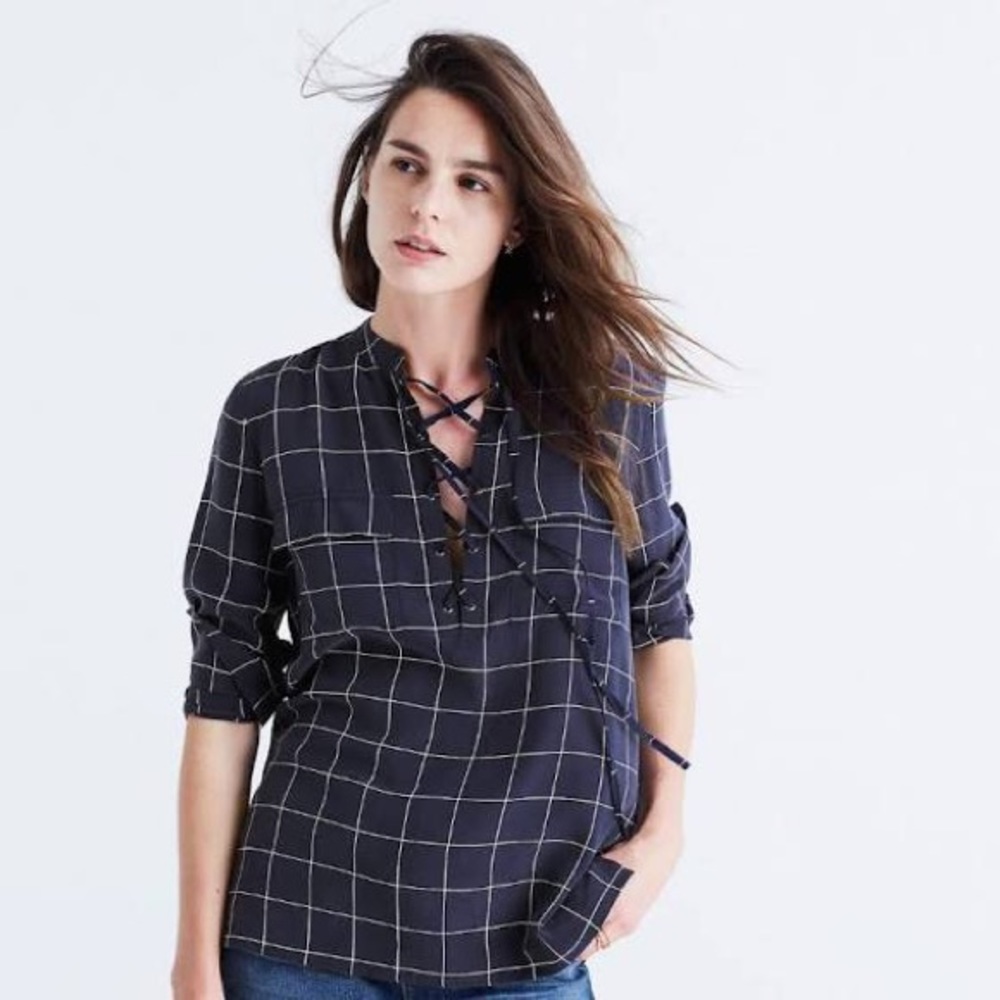 MADEWELL 100% Silk Blouse with Lace-Up Detail